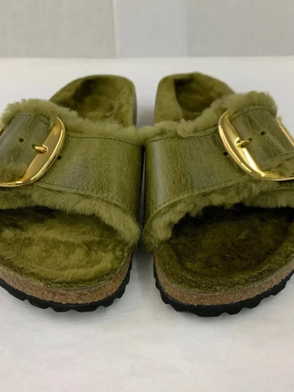 Birkenstock Madrid Big Buckle Olive Natural Leather Shearling Narrow Width